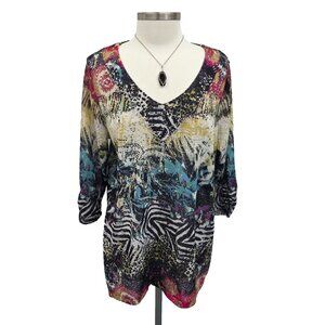 Plus 1X Multicolor Animal Print Embellished Tunic Top V-Neck 3/4 Sleeve Boho